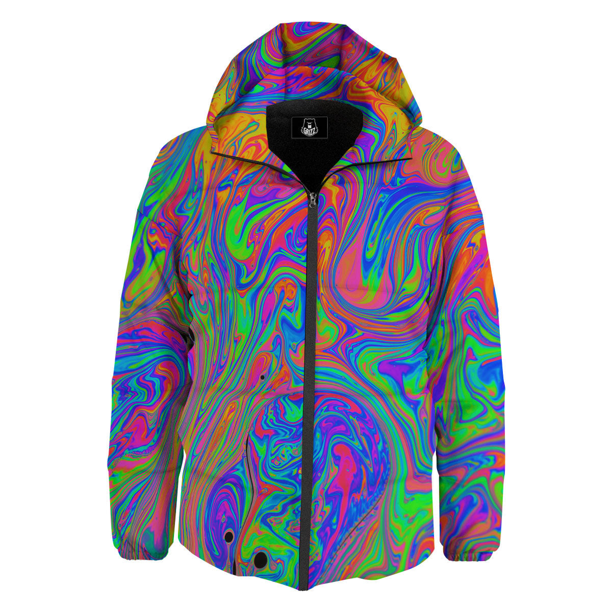 Pink Psychedelic Trippy Neon Green Print Down Jacket-grizzshop