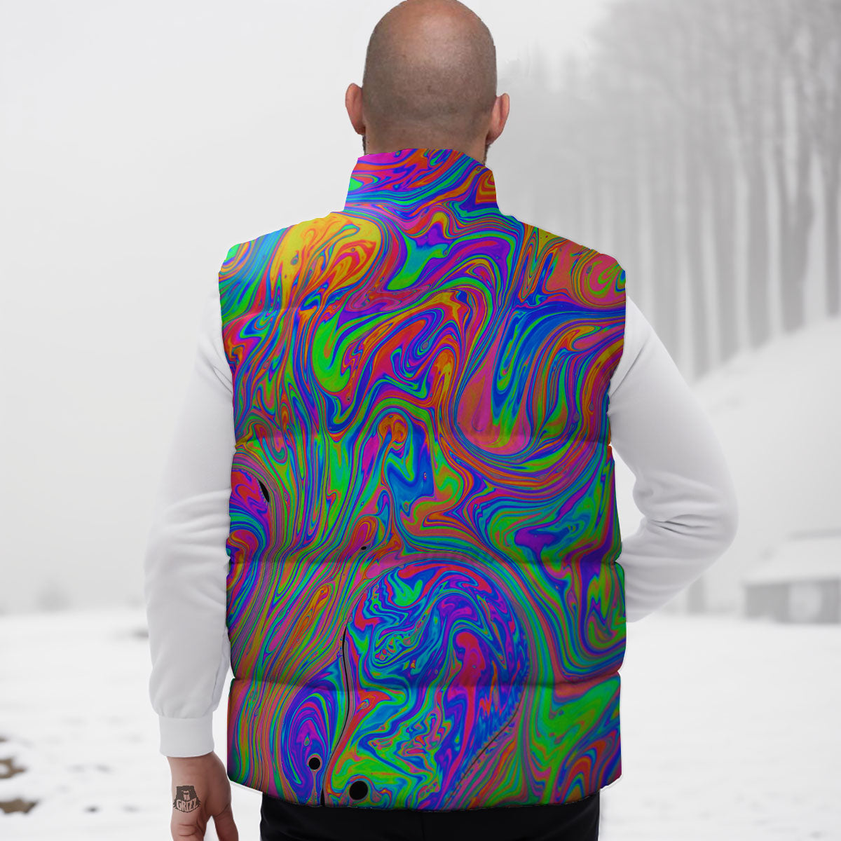 Pink Psychedelic Trippy Neon Green Print Down Vest