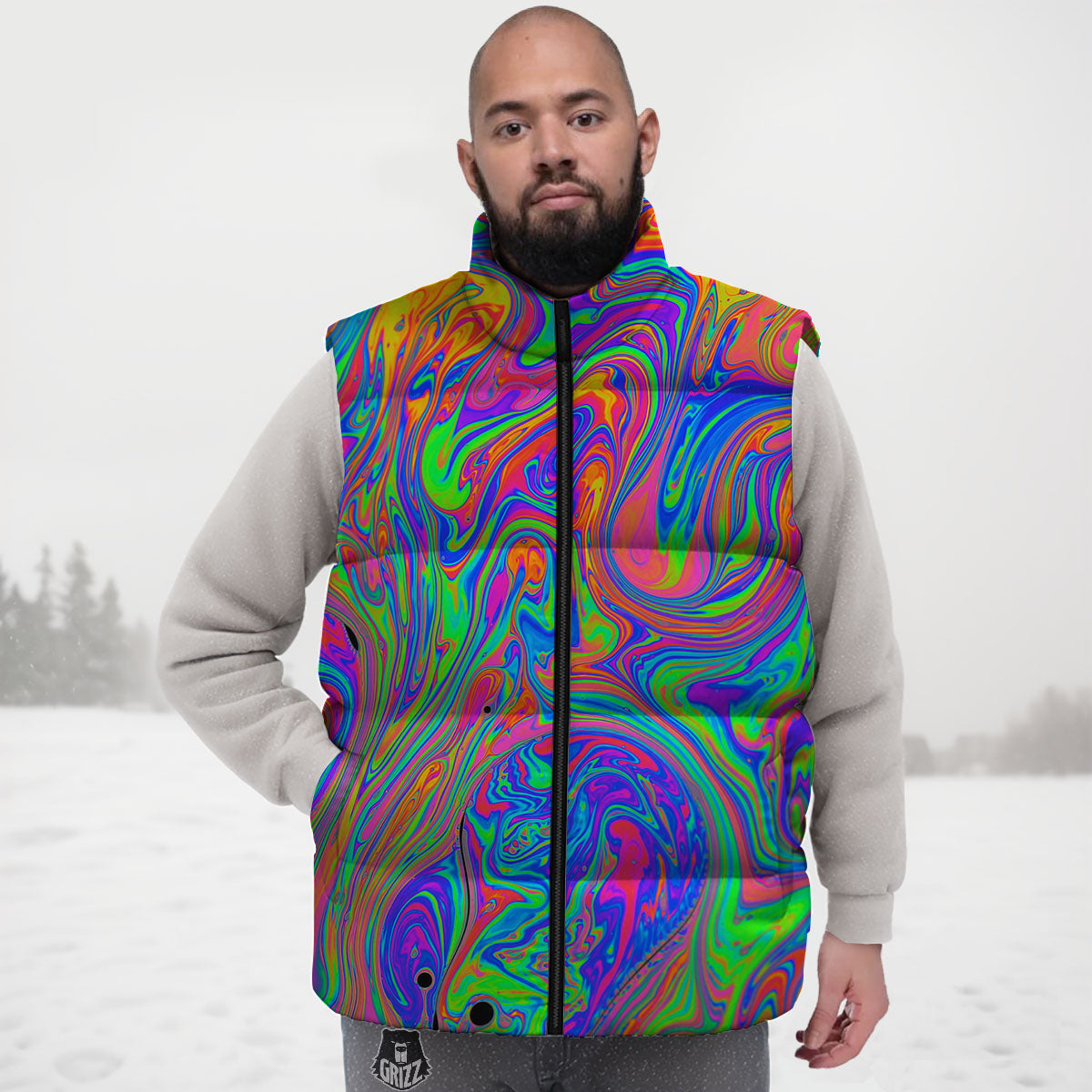 Pink Psychedelic Trippy Neon Green Print Down Vest