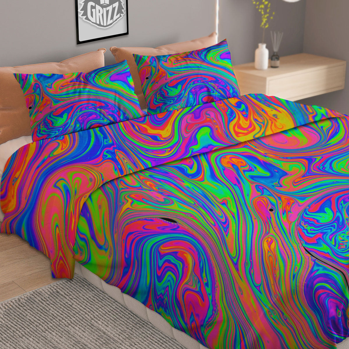 Pink Psychedelic Trippy Neon Green Print Duvet Cover Bedding Set