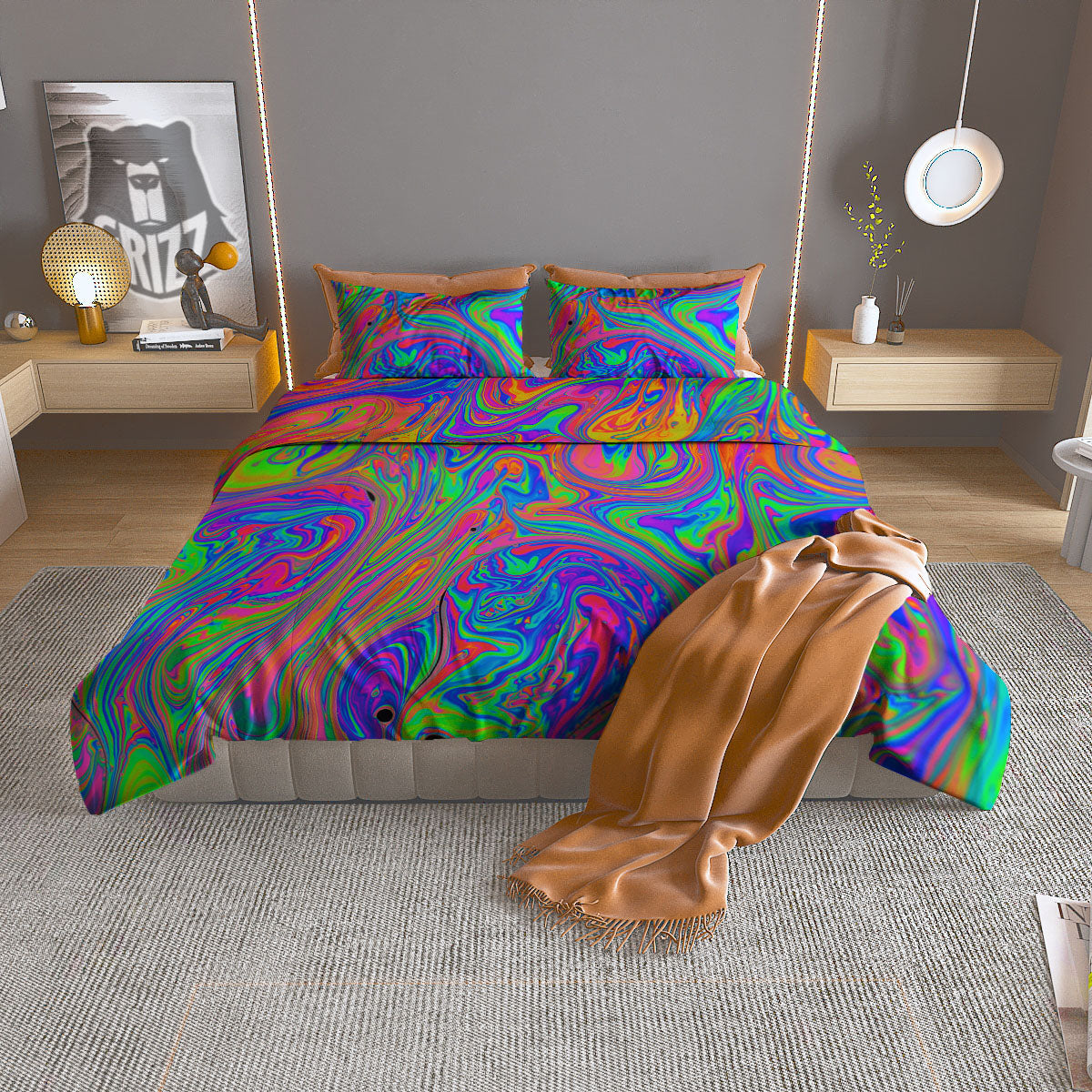 Pink Psychedelic Trippy Neon Green Print Duvet Cover Bedding Set