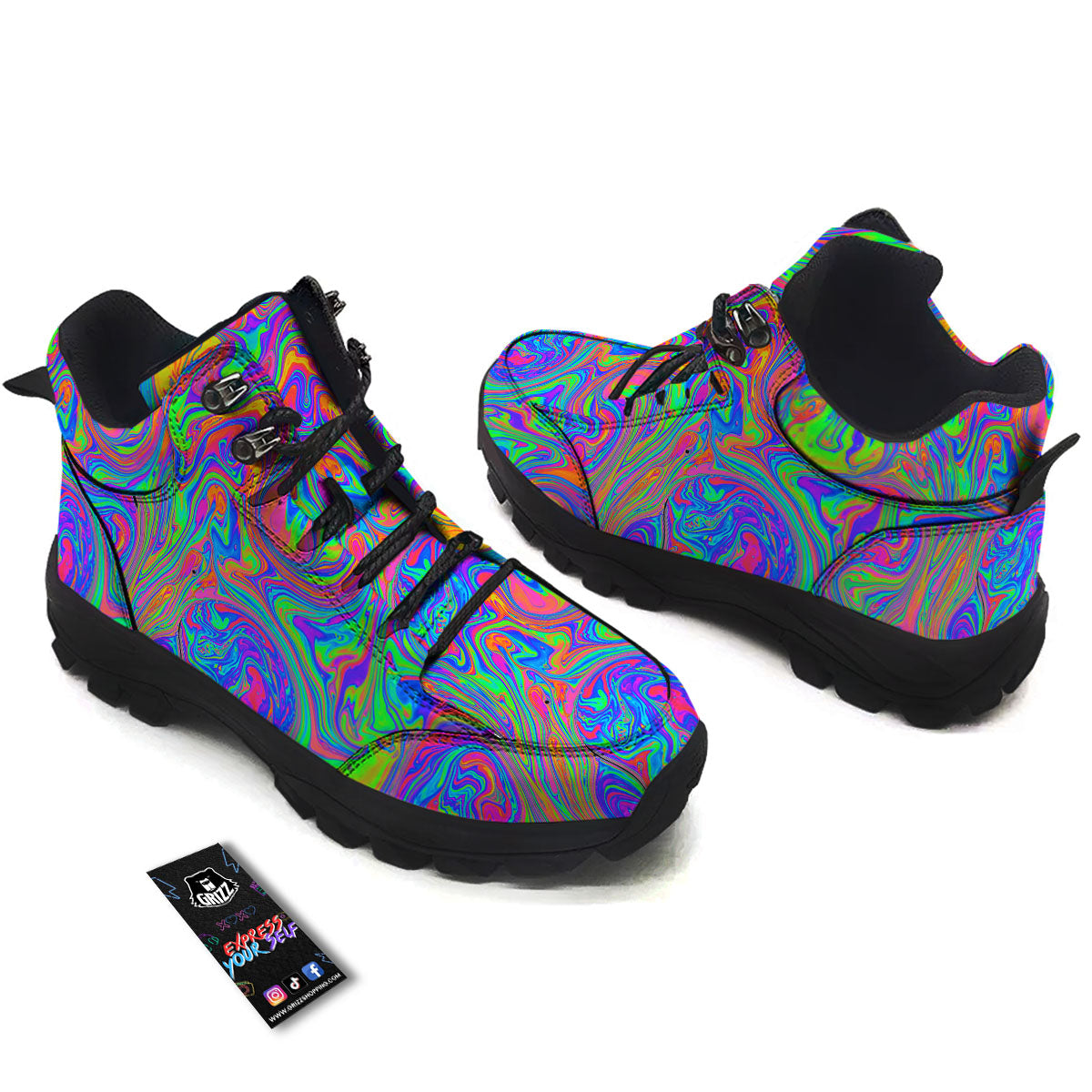 Pink Psychedelic Trippy Neon Green Print Hiking Shoes-grizzshop