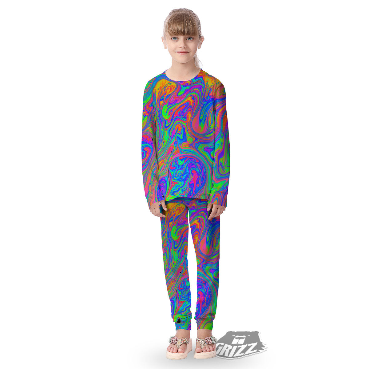 Pink Psychedelic Trippy Neon Green Print Kid's Pajamas-grizzshop