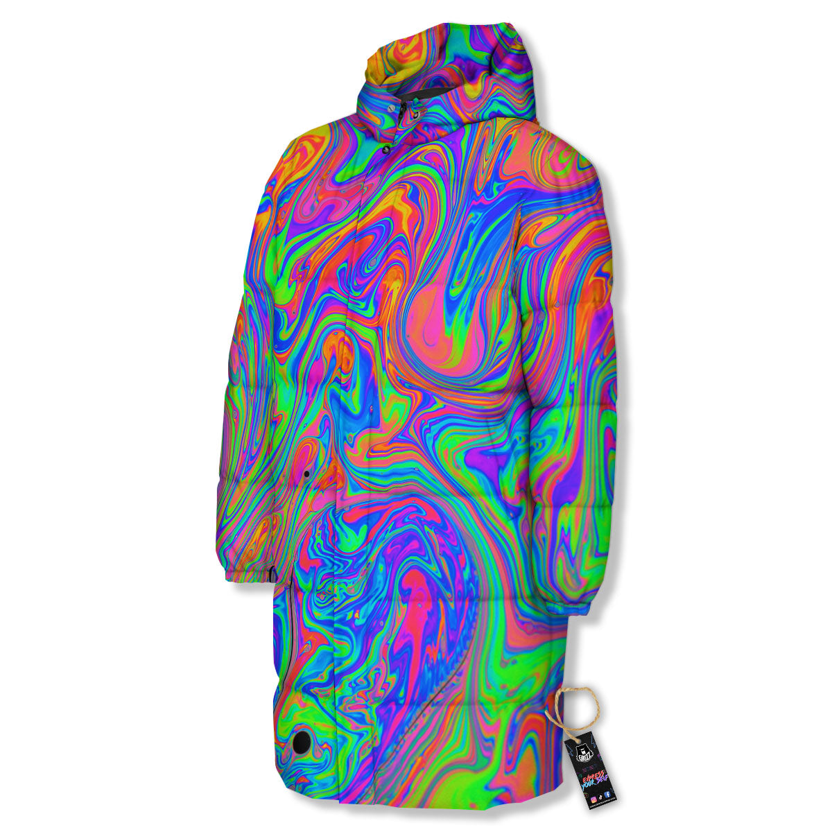 Pink Psychedelic Trippy Neon Green Print Long Down Jacket-grizzshop