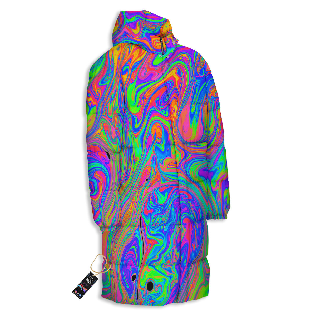 Pink Psychedelic Trippy Neon Green Print Long Down Jacket-grizzshop