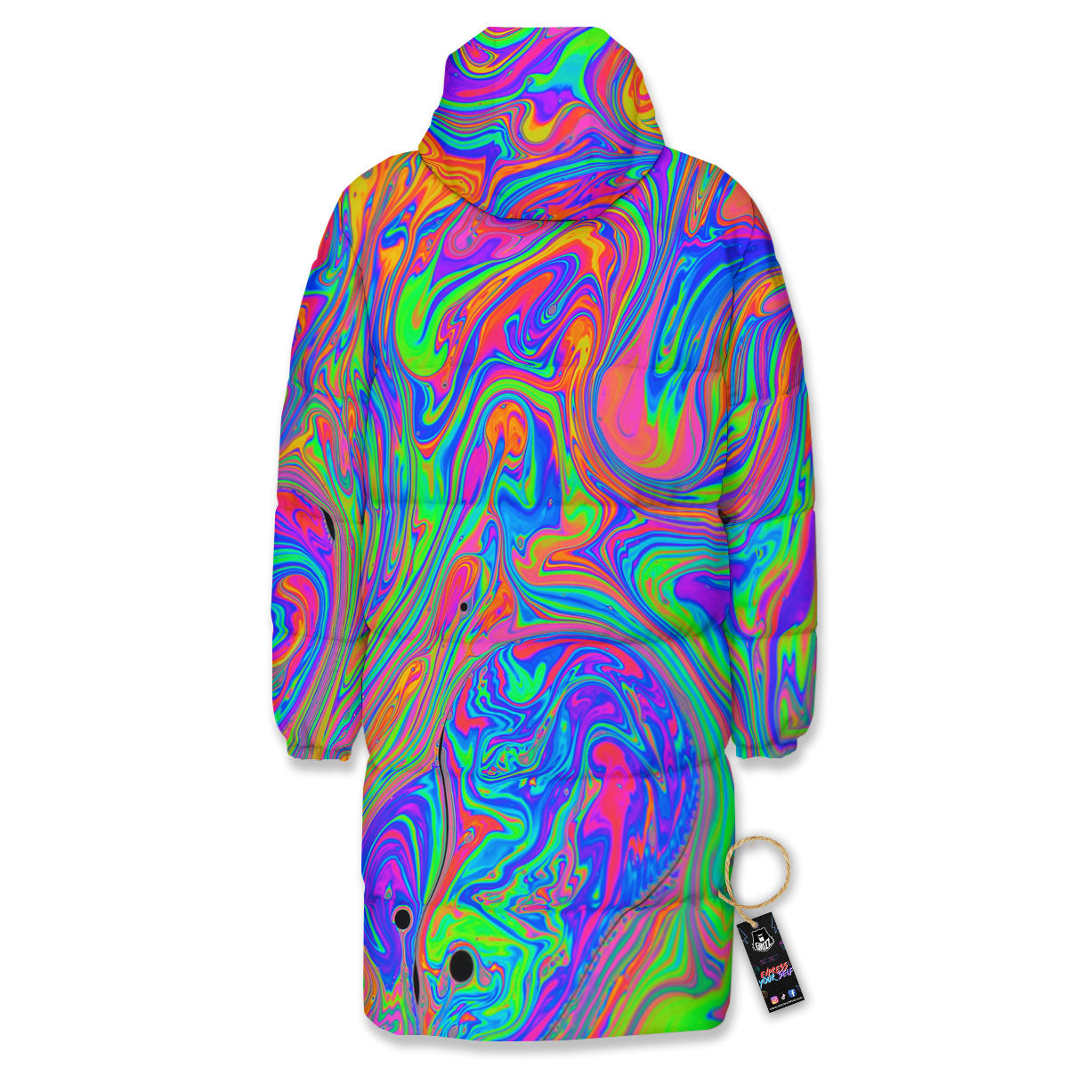 Pink Psychedelic Trippy Neon Green Print Long Down Jacket-grizzshop
