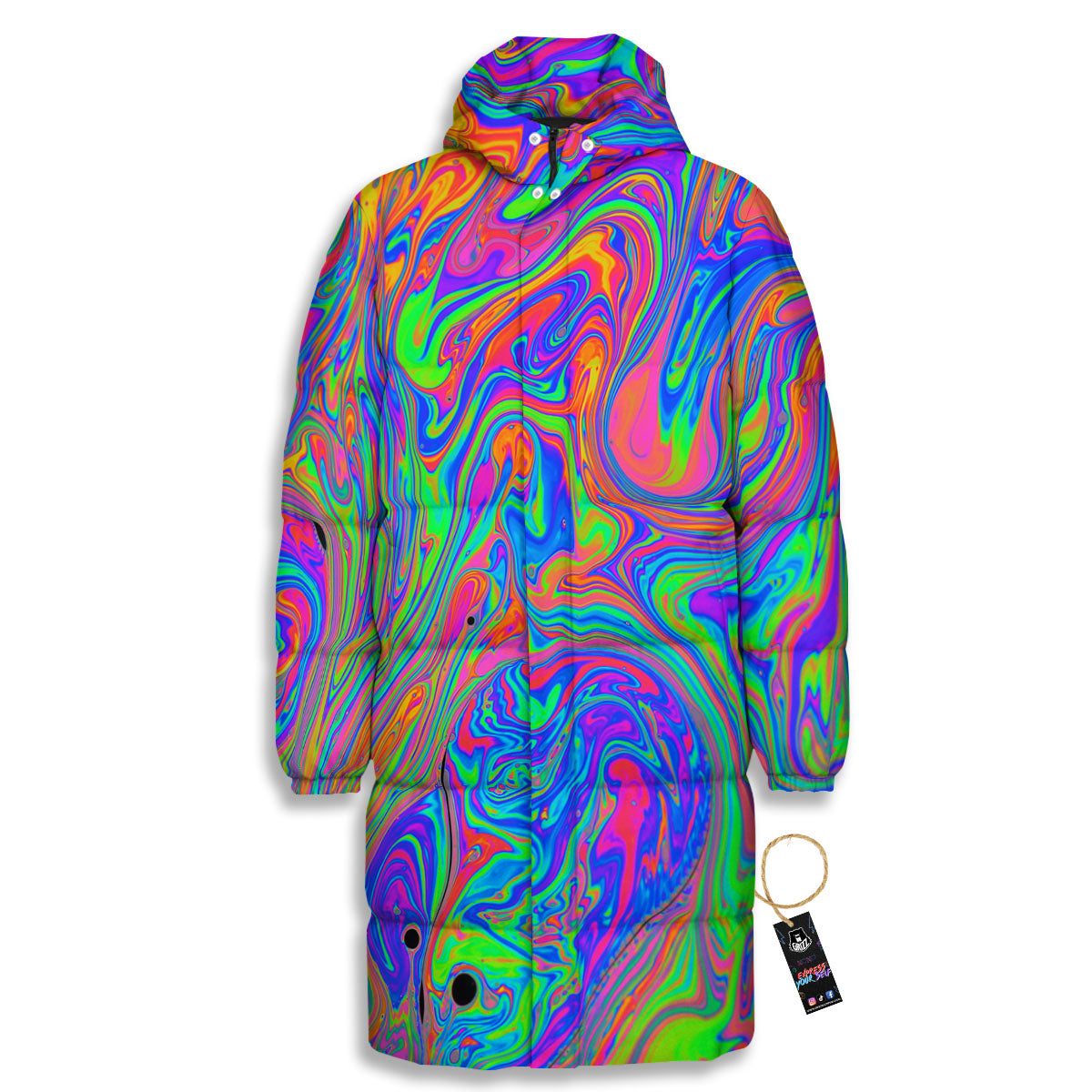 Pink Psychedelic Trippy Neon Green Print Long Down Jacket-grizzshop