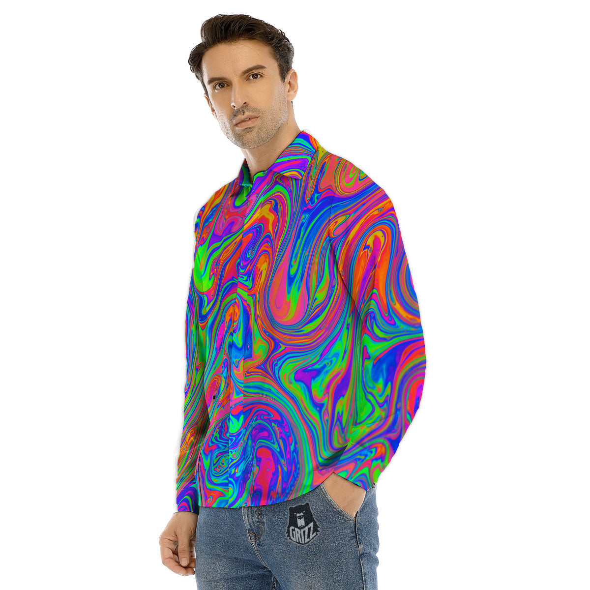Pink Psychedelic Trippy Neon Green Print Men's Dress Shirts-grizzshop