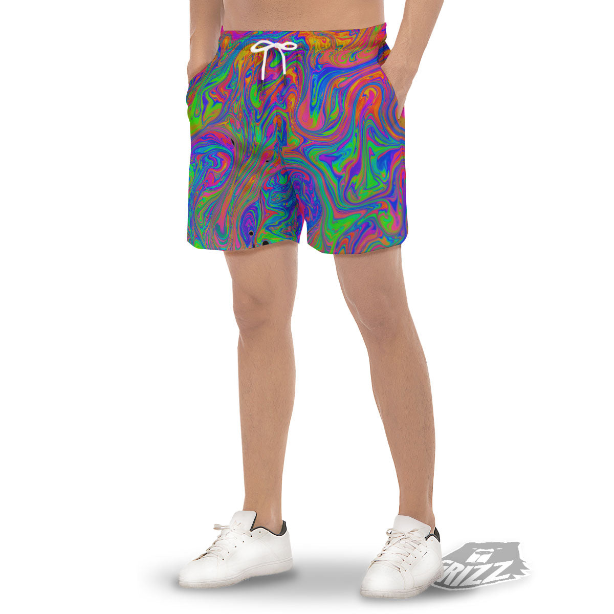 Pink Psychedelic Trippy Neon Green Print Men's Gym Shorts-grizzshop