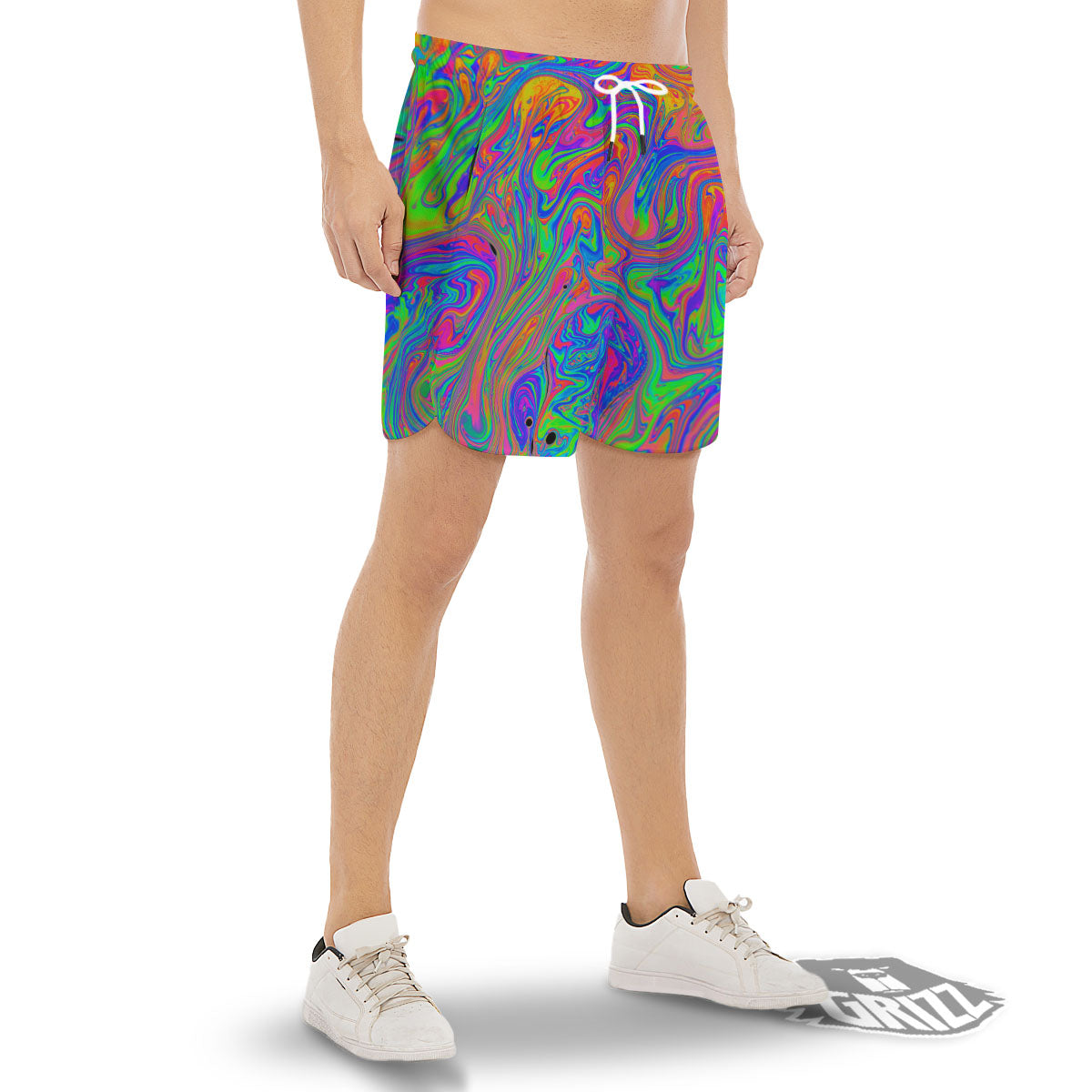 Pink Psychedelic Trippy Neon Green Print Men's Gym Shorts-grizzshop
