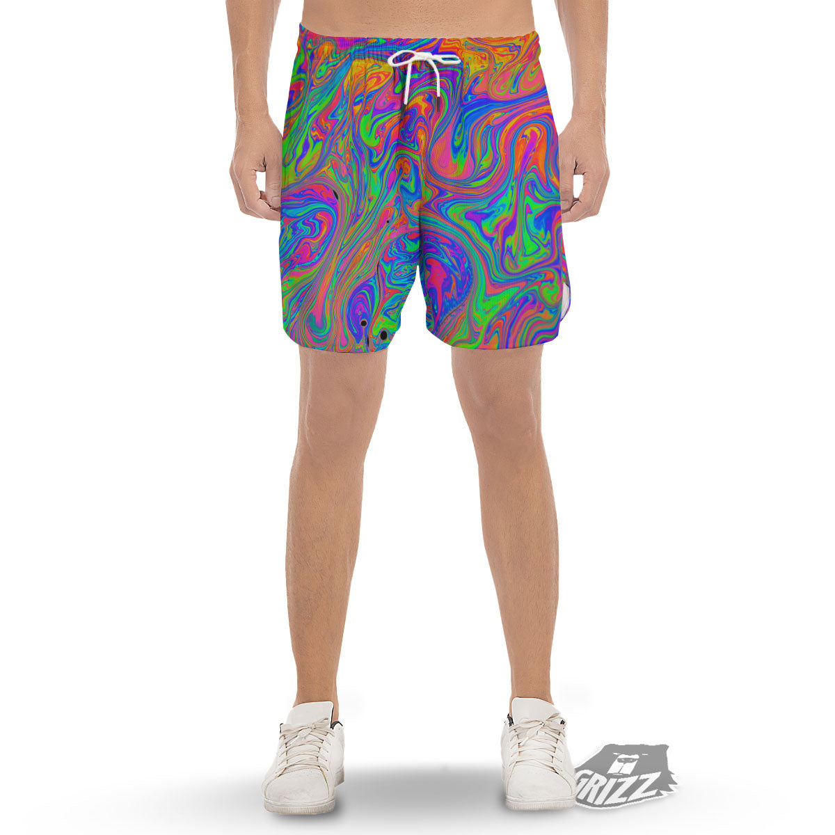 Pink Psychedelic Trippy Neon Green Print Men's Gym Shorts-grizzshop