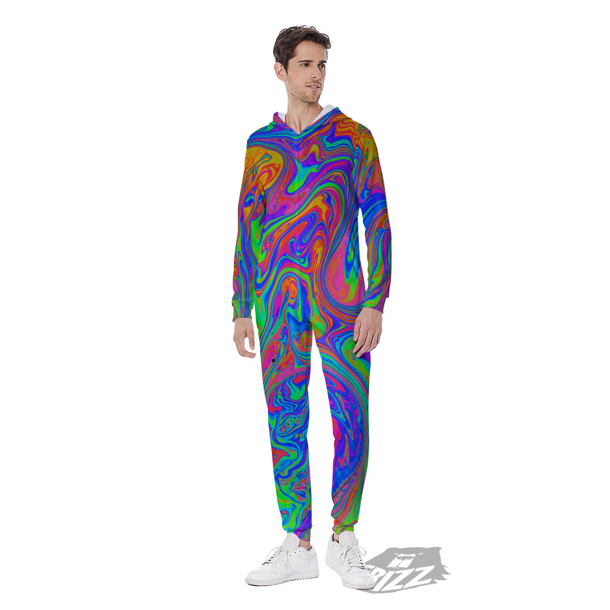 Pink Psychedelic Trippy Neon Green Print Men's Jumpsuit-grizzshop