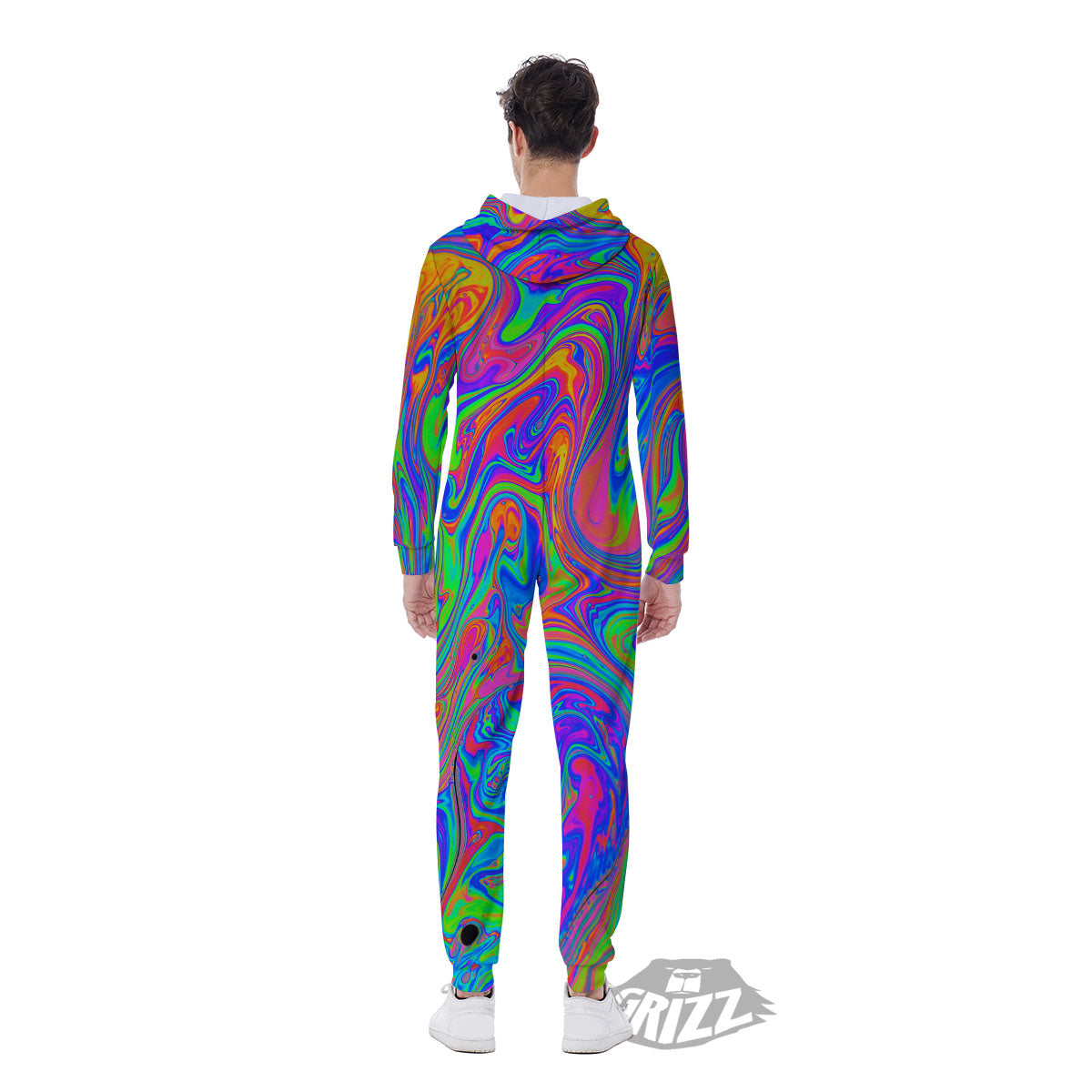 Pink Psychedelic Trippy Neon Green Print Men's Jumpsuit-grizzshop
