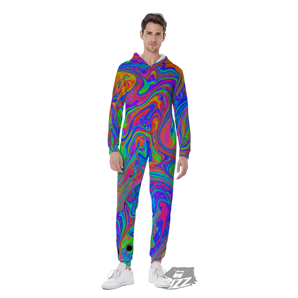 Pink Psychedelic Trippy Neon Green Print Men's Jumpsuit-grizzshop
