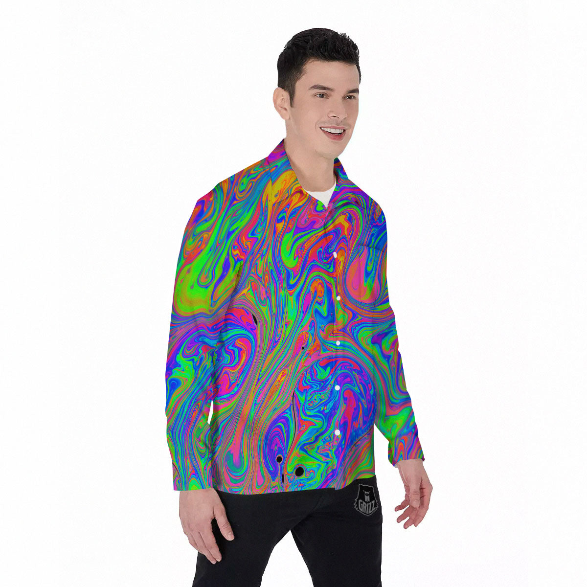 Pink Psychedelic Trippy Neon Green Print Men's Long Sleeve Shirts-grizzshop