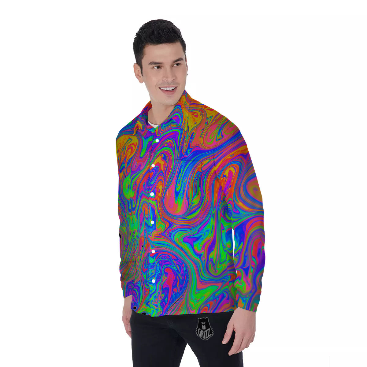 Pink Psychedelic Trippy Neon Green Print Men's Long Sleeve Shirts-grizzshop