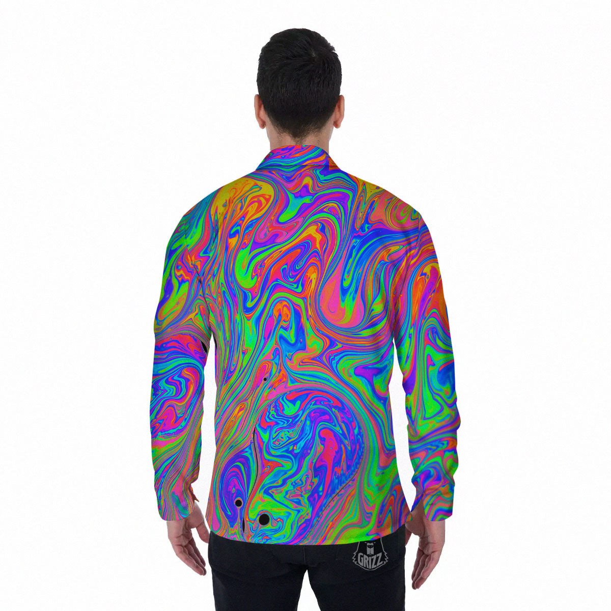 Pink Psychedelic Trippy Neon Green Print Men's Long Sleeve Shirts-grizzshop