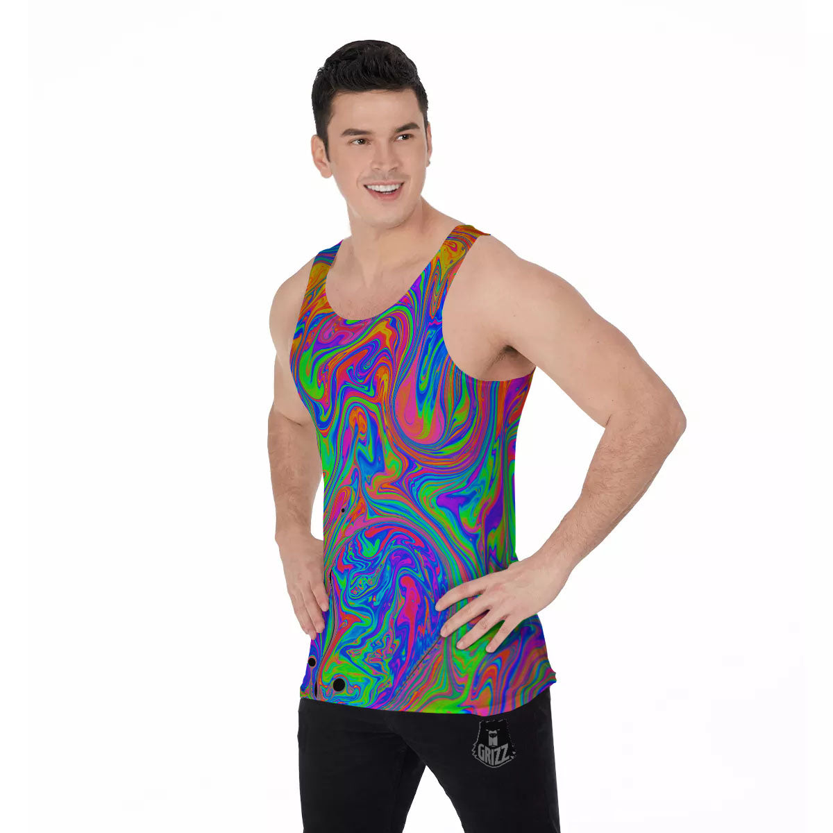 Pink Psychedelic Trippy Neon Green Print Men's Tank Top-grizzshop