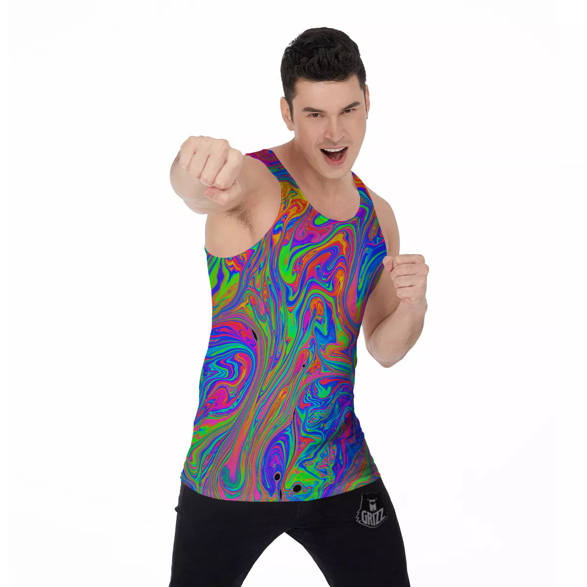Pink Psychedelic Trippy Neon Green Print Men's Tank Top-grizzshop