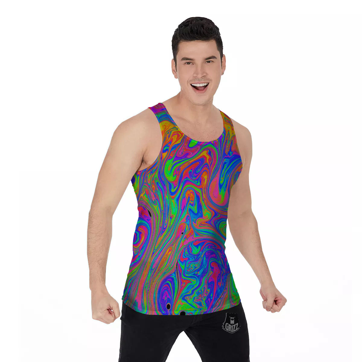 Pink Psychedelic Trippy Neon Green Print Men's Tank Top-grizzshop