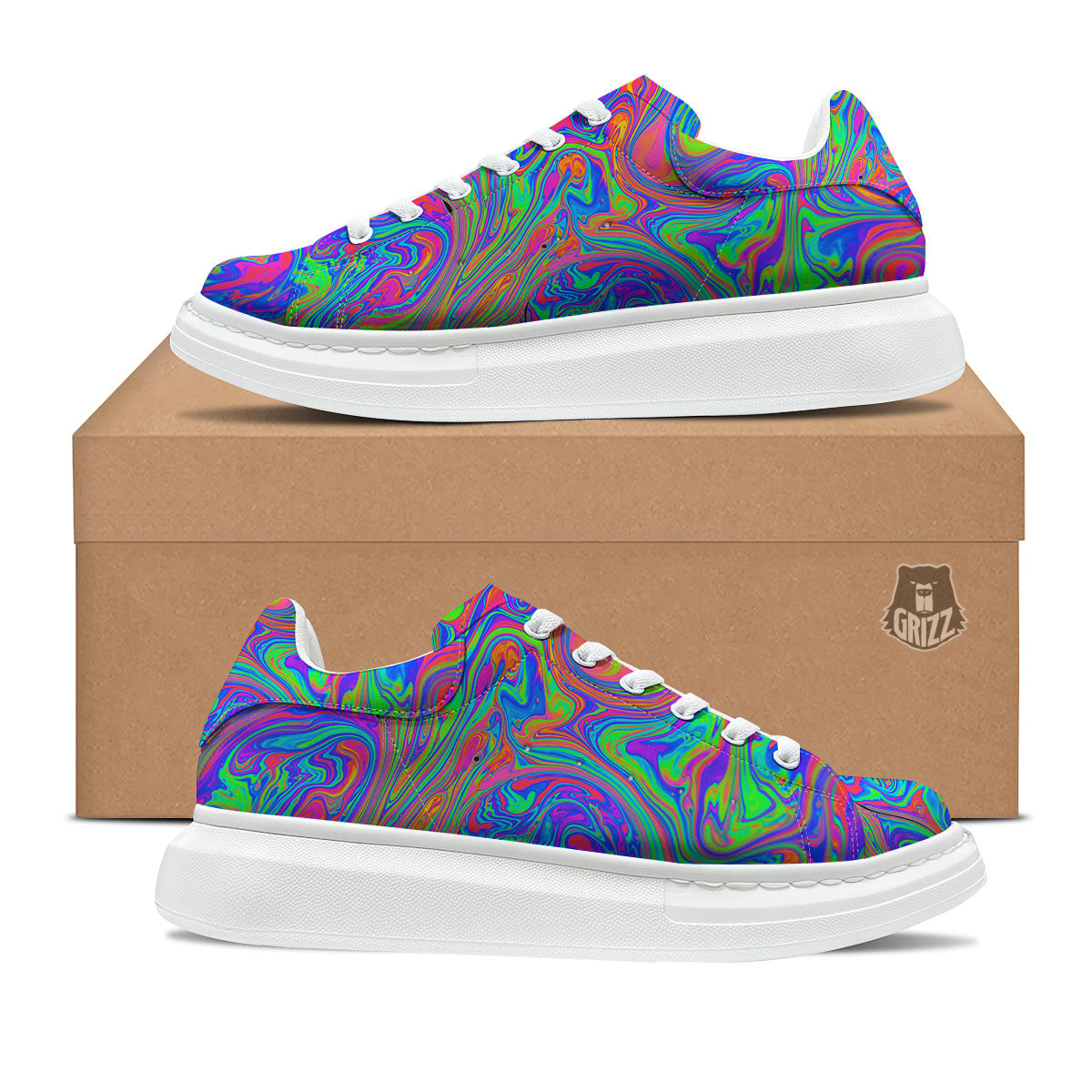 Pink Psychedelic Trippy Neon Green Print Platform Shoes-grizzshop