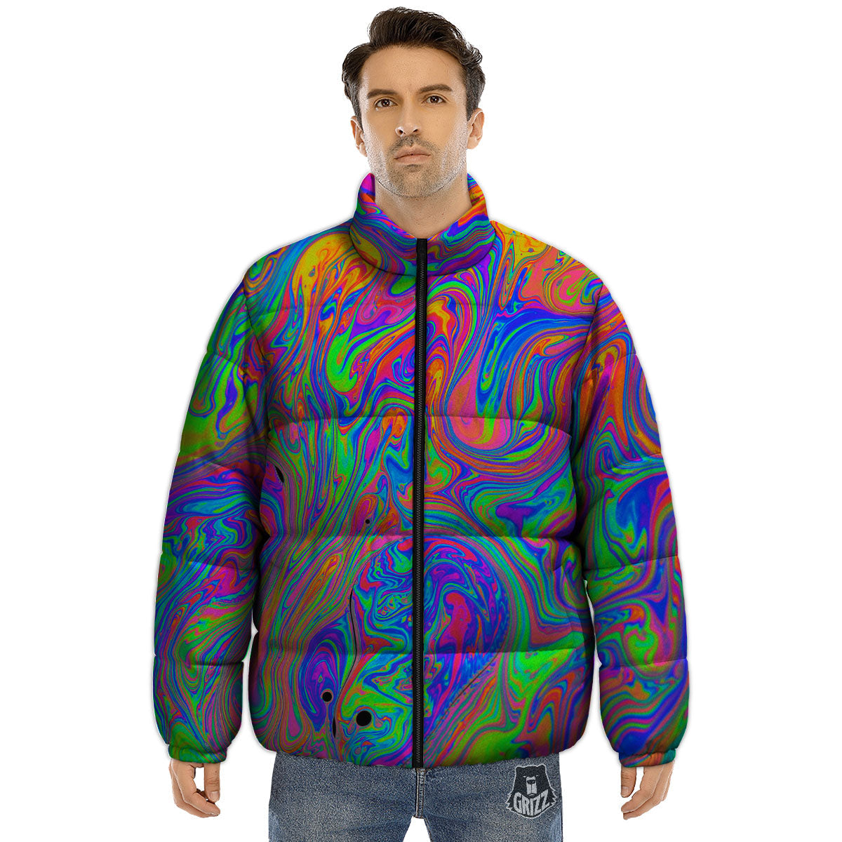 Pink Psychedelic Trippy Neon Green Print Puffer Jacket-grizzshop