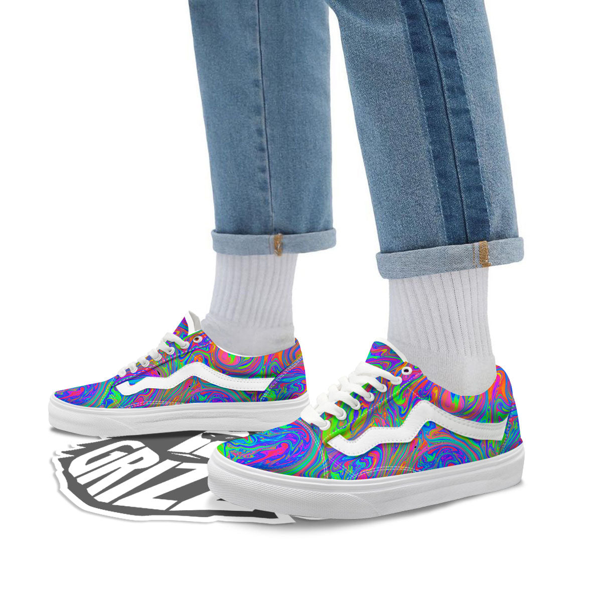 Pink Psychedelic Trippy Neon Green Print Skate Shoes-grizzshop