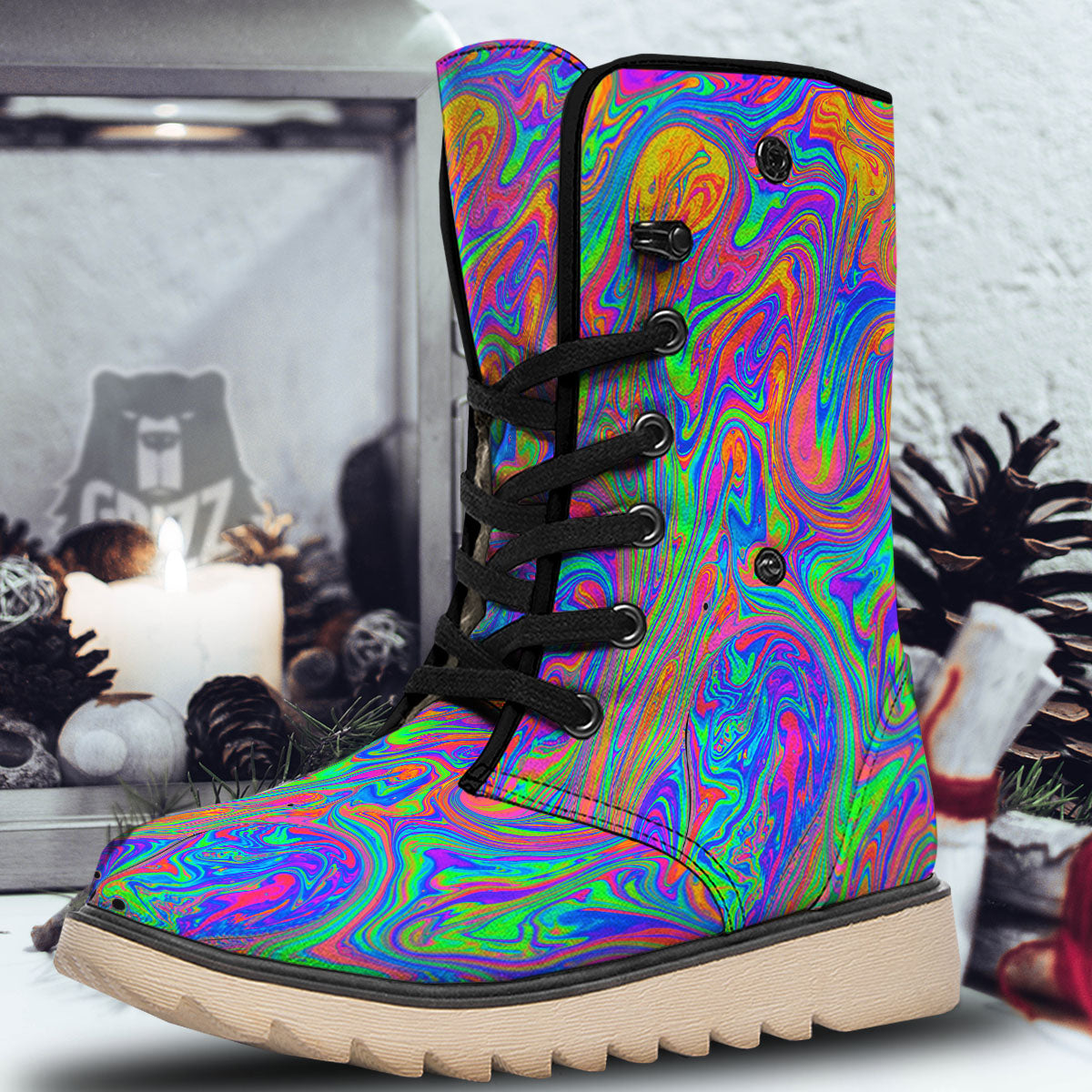 Pink Psychedelic Trippy Neon Green Print Snow Boots-grizzshop