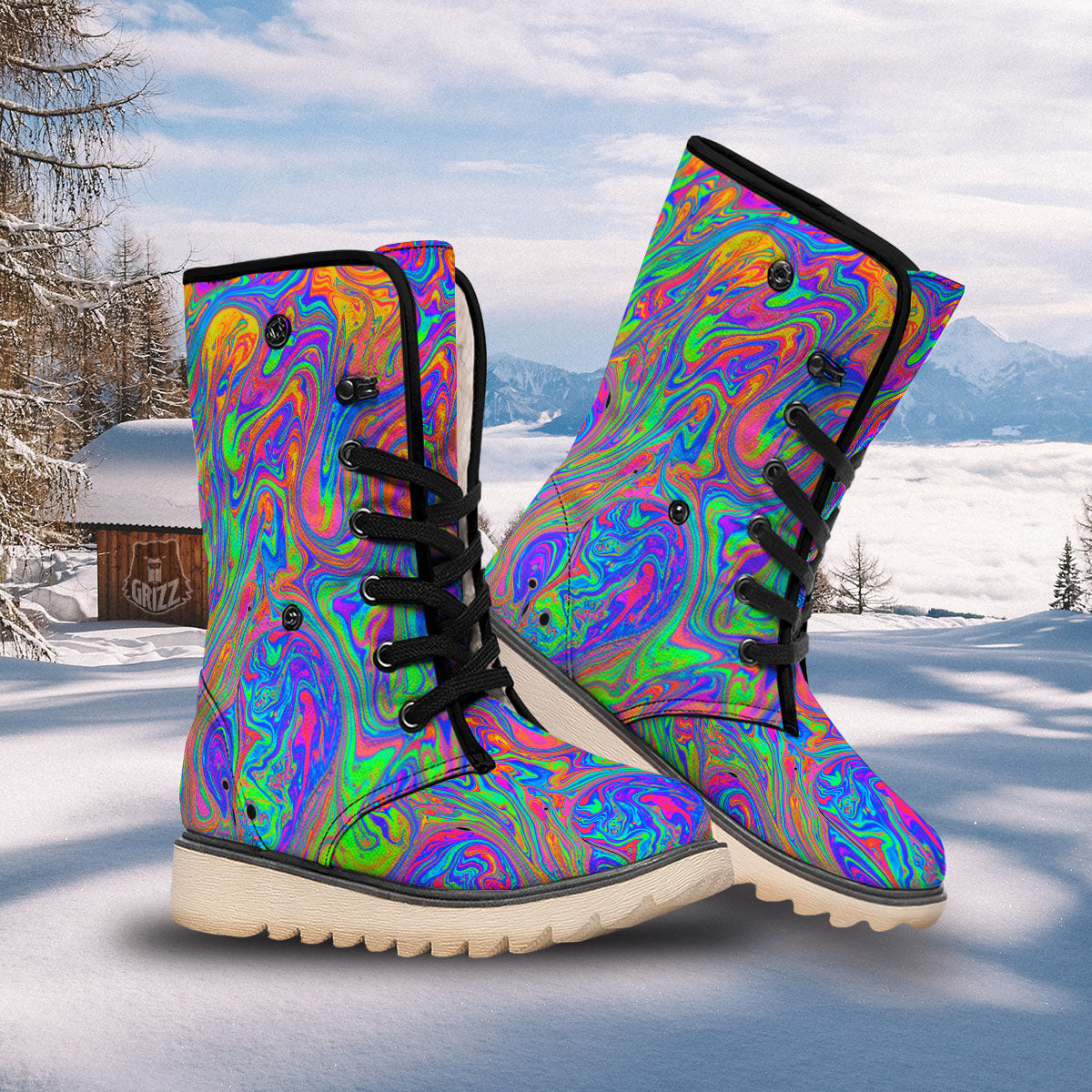 Pink Psychedelic Trippy Neon Green Print Snow Boots-grizzshop