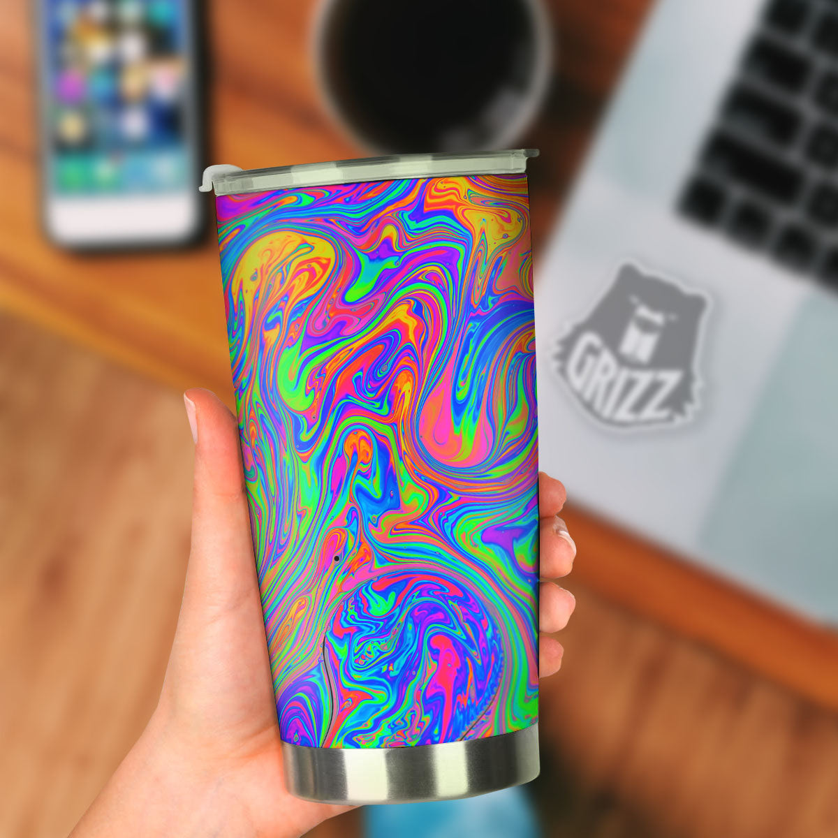 Pink Psychedelic Trippy Neon Green Print Tumbler-grizzshop