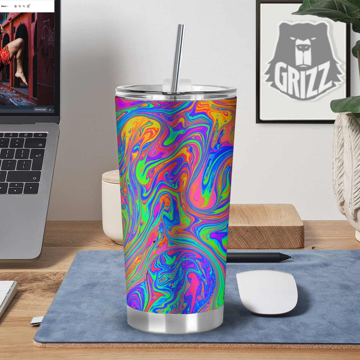 Pink Psychedelic Trippy Neon Green Print Tumbler-grizzshop