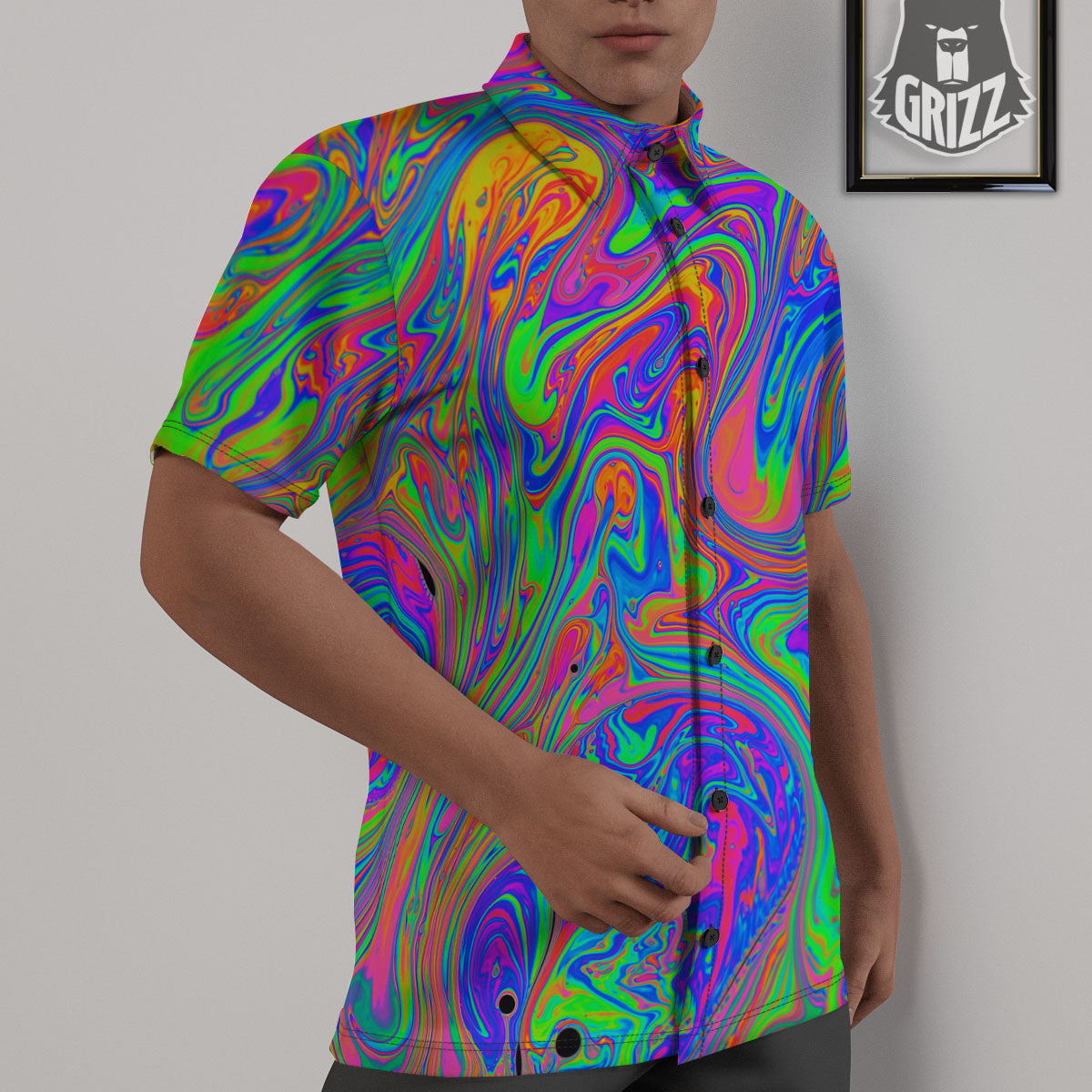 Pink Psychedelic Trippy Neon Green Print Untucked Shirts-grizzshop
