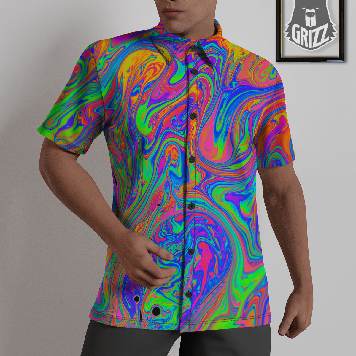 Pink Psychedelic Trippy Neon Green Print Untucked Shirts-grizzshop