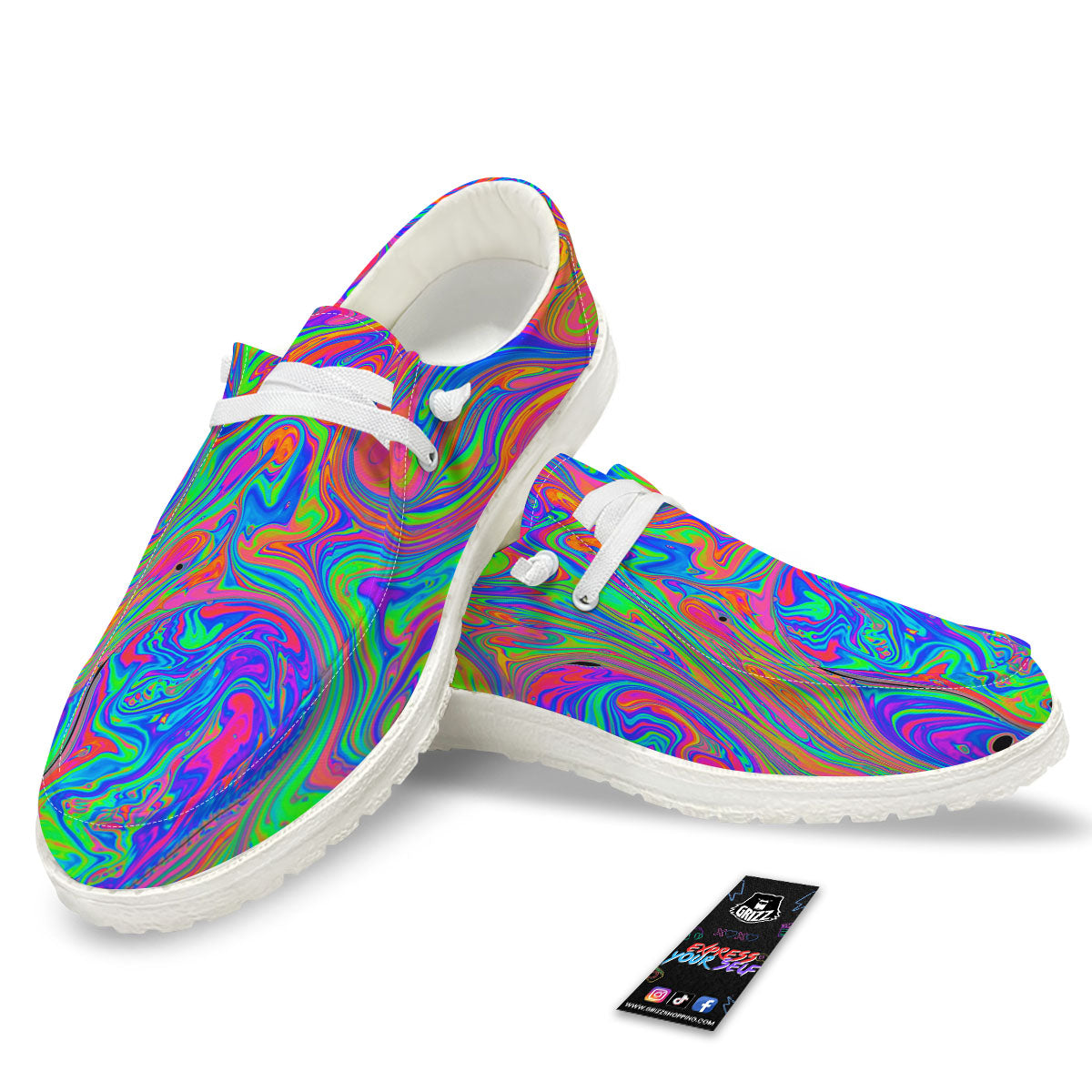 Pink Psychedelic Trippy Neon Green Print White Loafers-grizzshop
