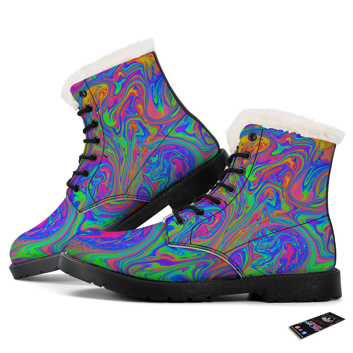 Pink Psychedelic Trippy Neon Green Print Winter Boots-grizzshop