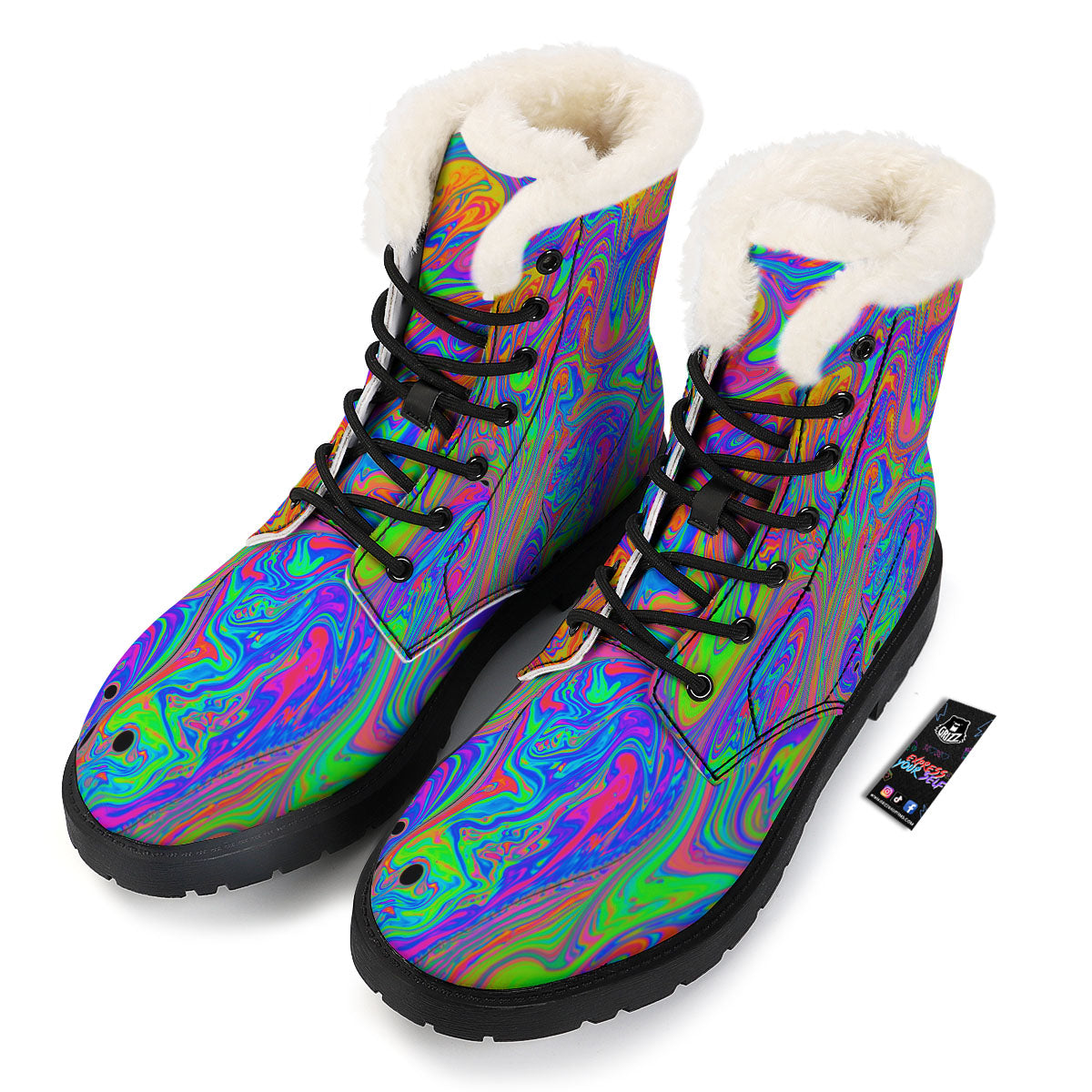 Pink Psychedelic Trippy Neon Green Print Winter Boots-grizzshop