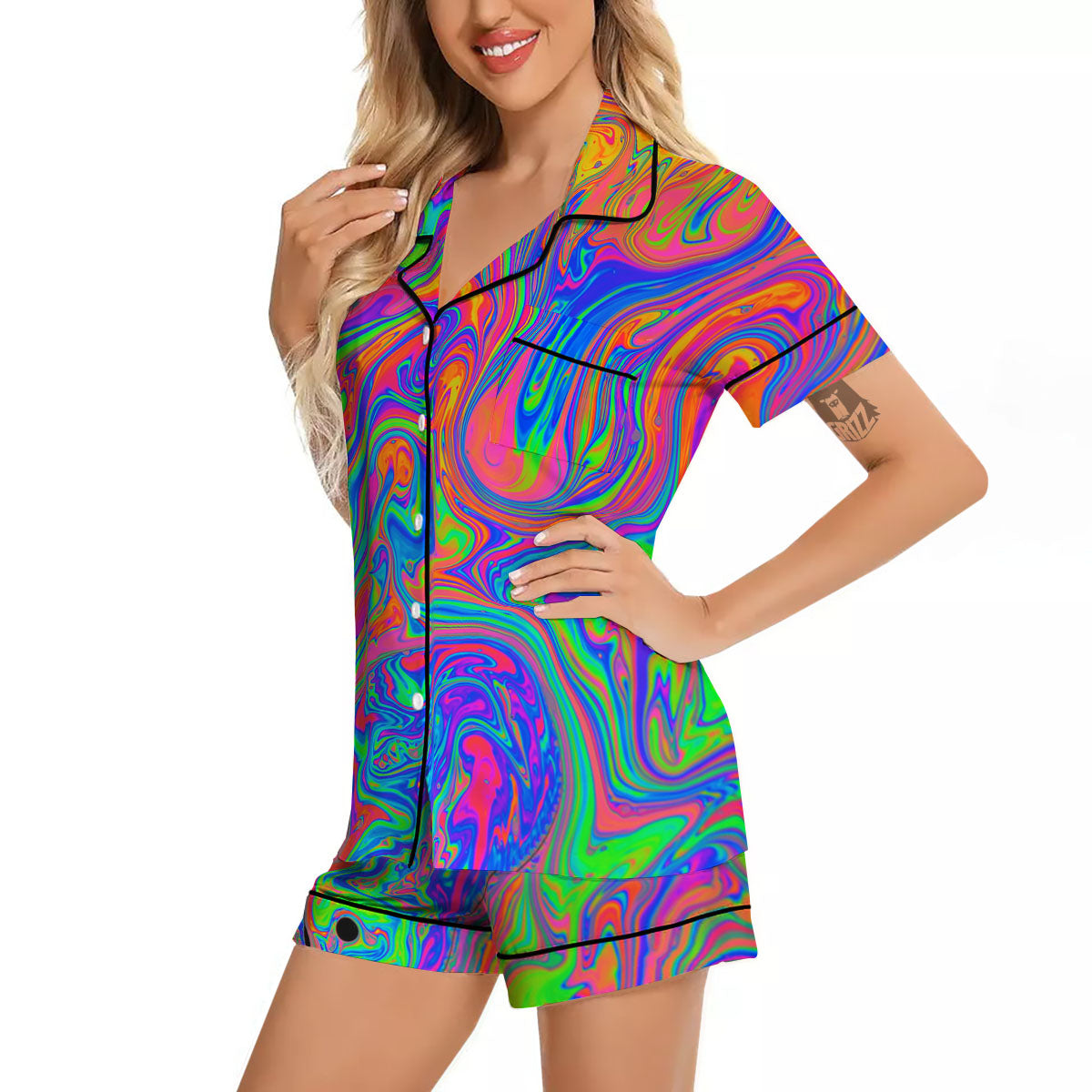 Pink Psychedelic Trippy Neon Green Print Women Silk Pajamas-grizzshop