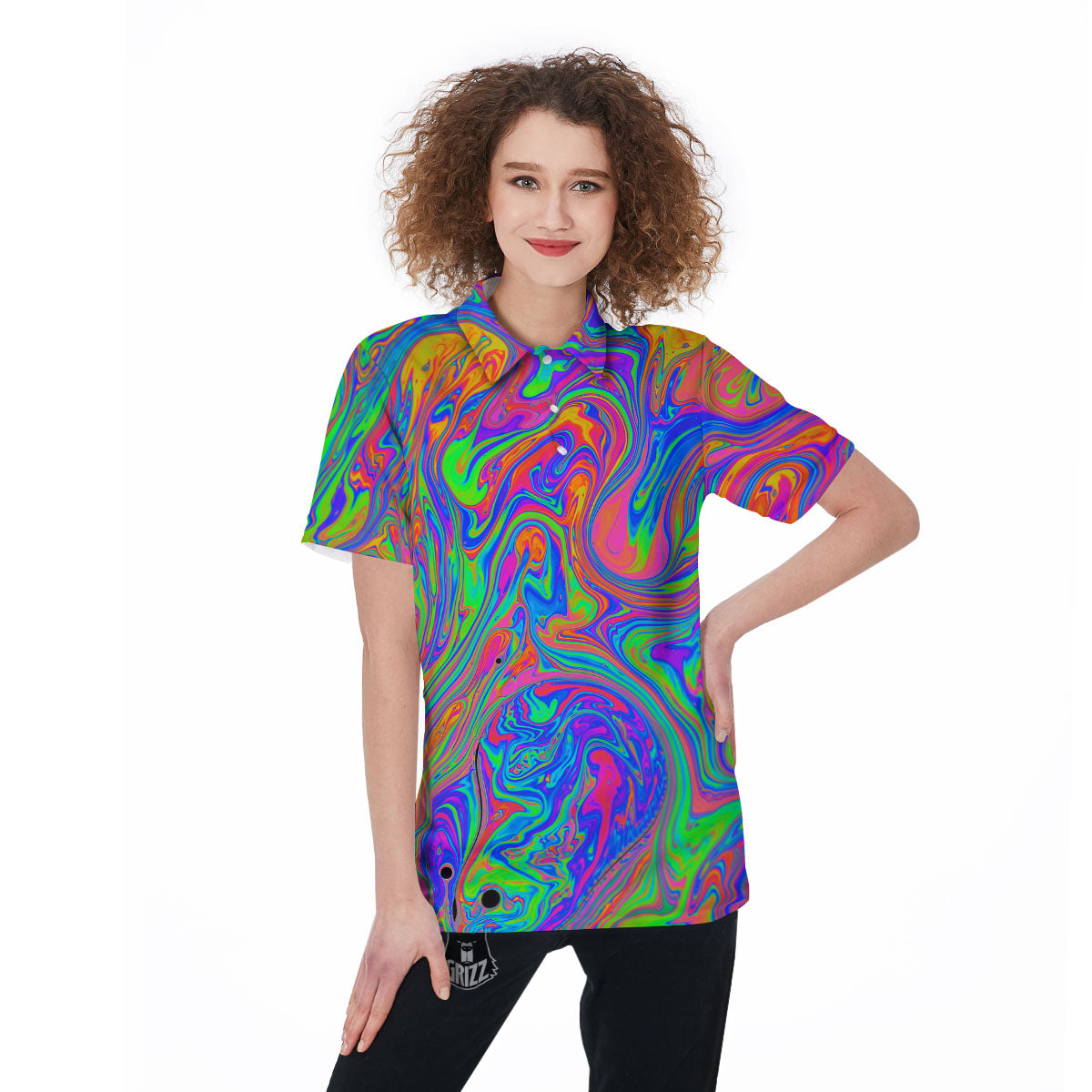 Pink Psychedelic Trippy Neon Green Print Women's Golf Shirts-grizzshop
