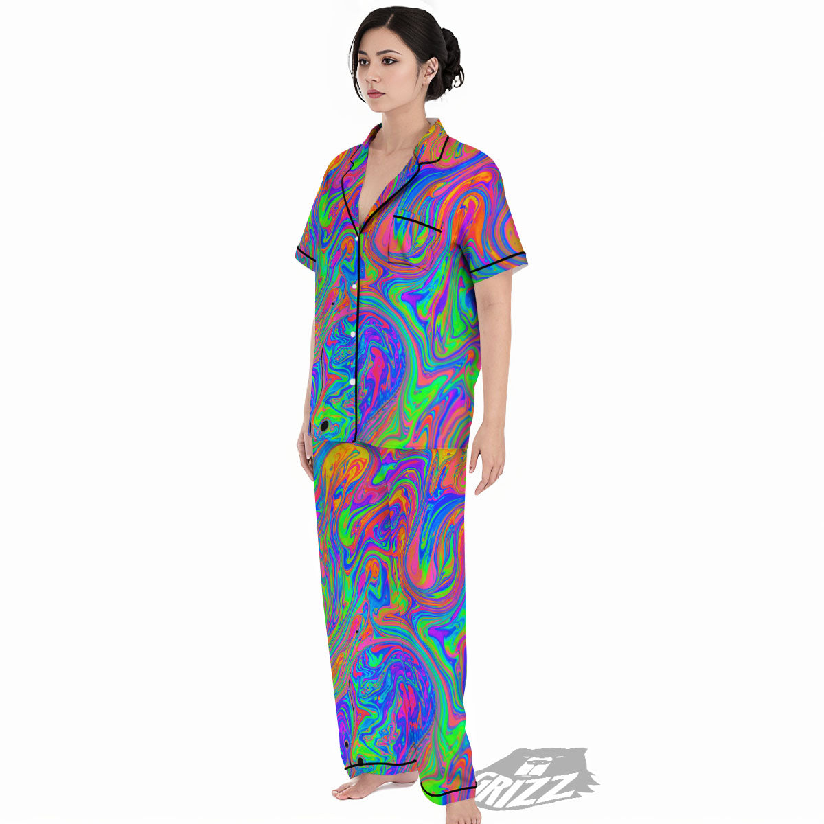 Pink Psychedelic Trippy Neon Green Print Women's Pajamas Set-grizzshop