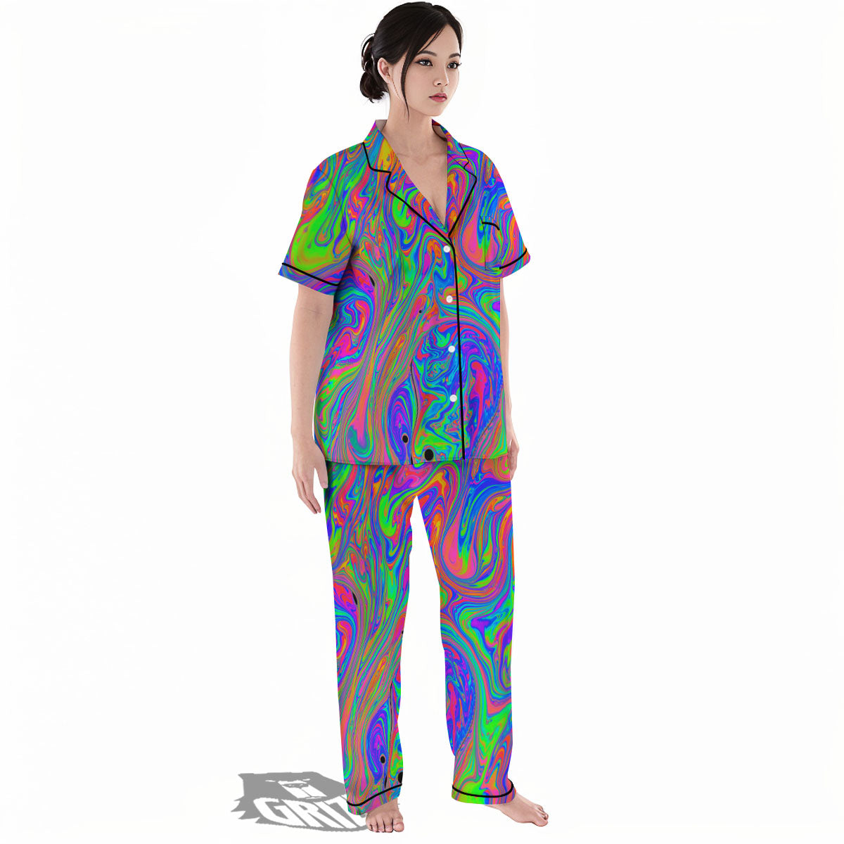 Pink Psychedelic Trippy Neon Green Print Women's Pajamas Set-grizzshop