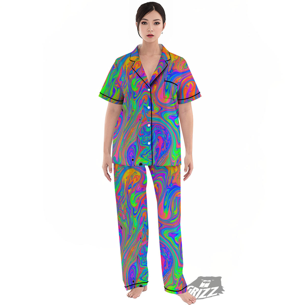 Pink Psychedelic Trippy Neon Green Print Women's Pajamas Set-grizzshop