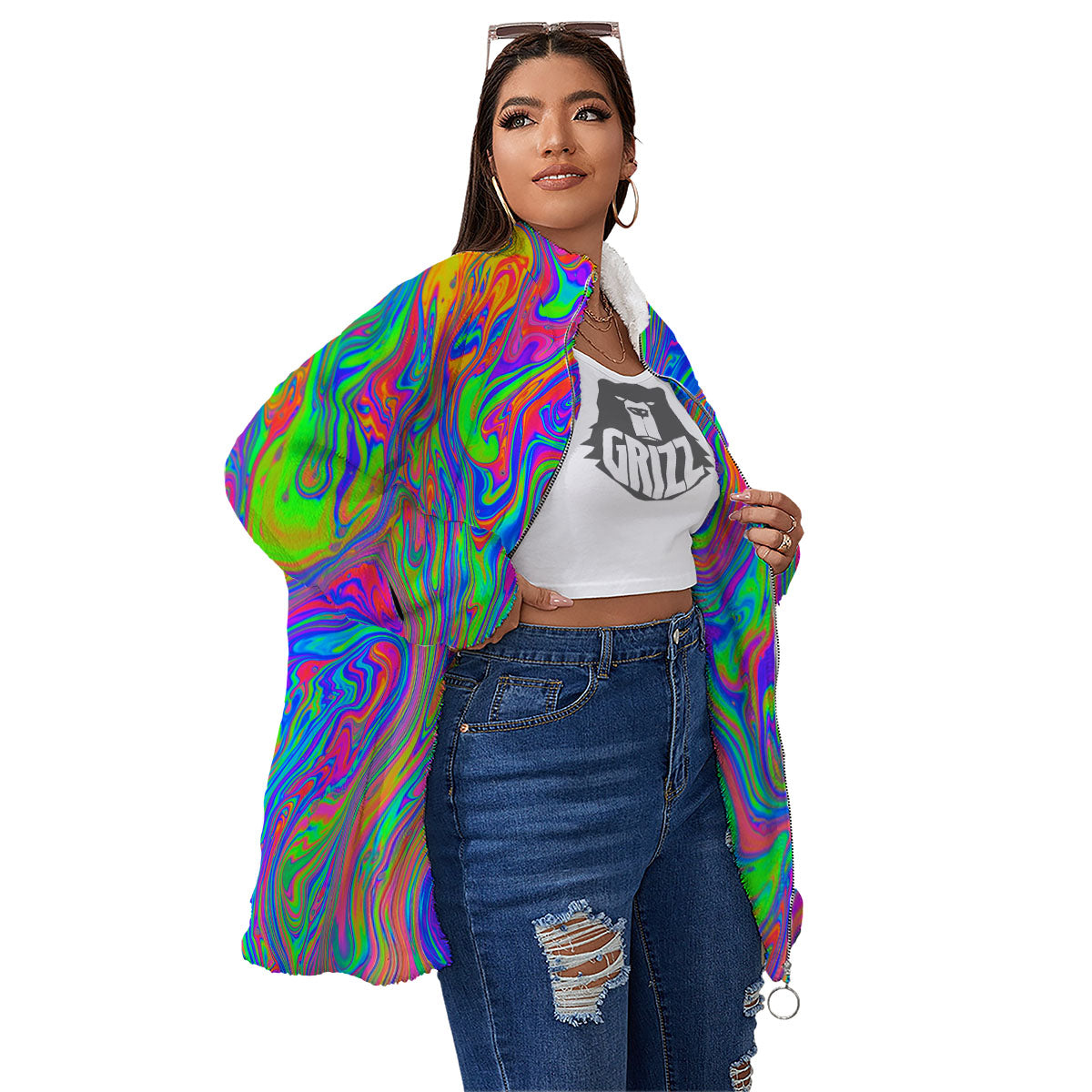 Pink Psychedelic Trippy Neon Green Print Women's Sherpa Jacket-grizzshop