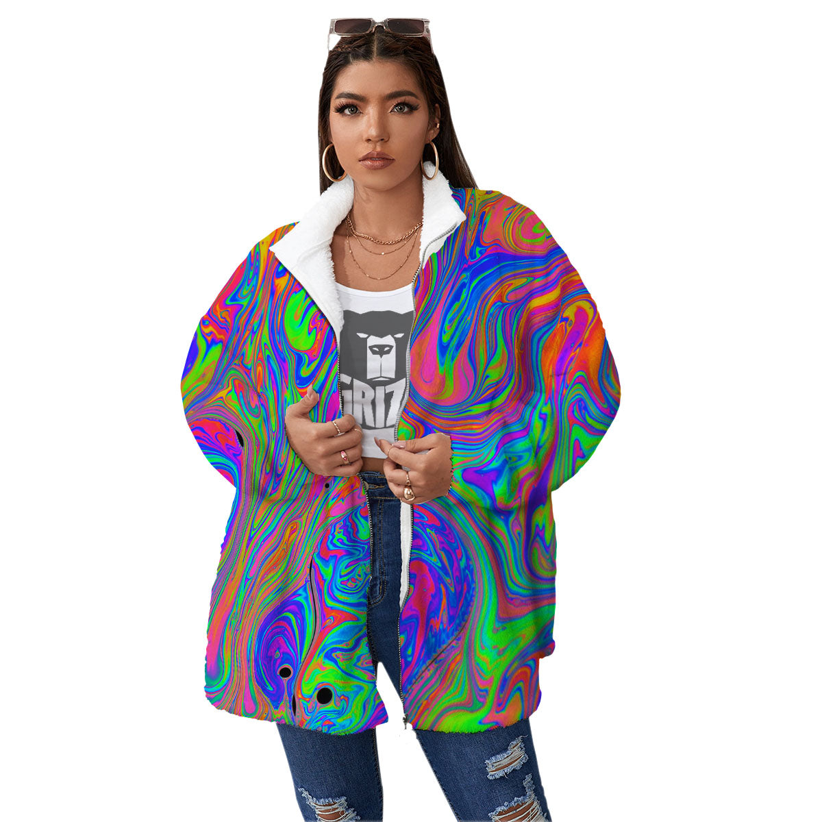 Pink Psychedelic Trippy Neon Green Print Women's Sherpa Jacket-grizzshop
