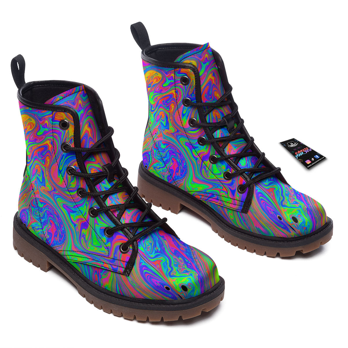 Pink Psychedelic Trippy Neon Green Print Work Boots-grizzshop