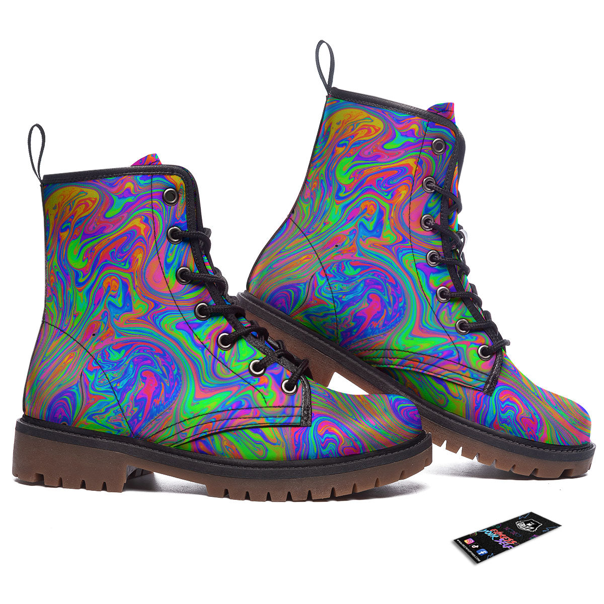 Pink Psychedelic Trippy Neon Green Print Work Boots-grizzshop