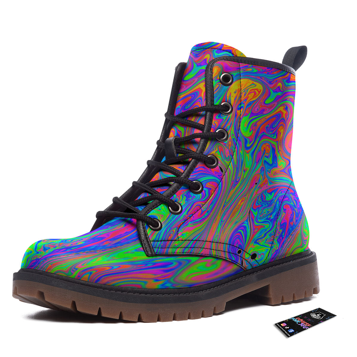 Pink Psychedelic Trippy Neon Green Print Work Boots-grizzshop