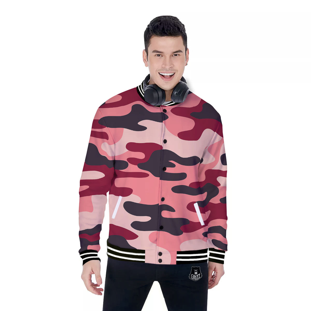 Pink Red And Black Camouflage Print Baseball Jacket-grizzshop