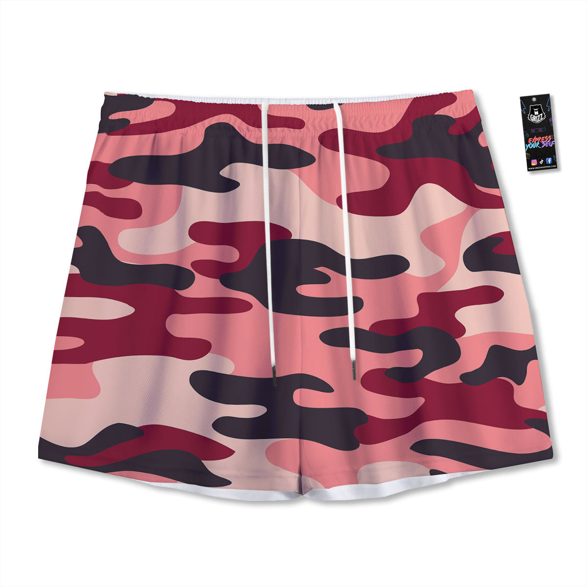 Pink Red And Black Camouflage Print Mesh Shorts