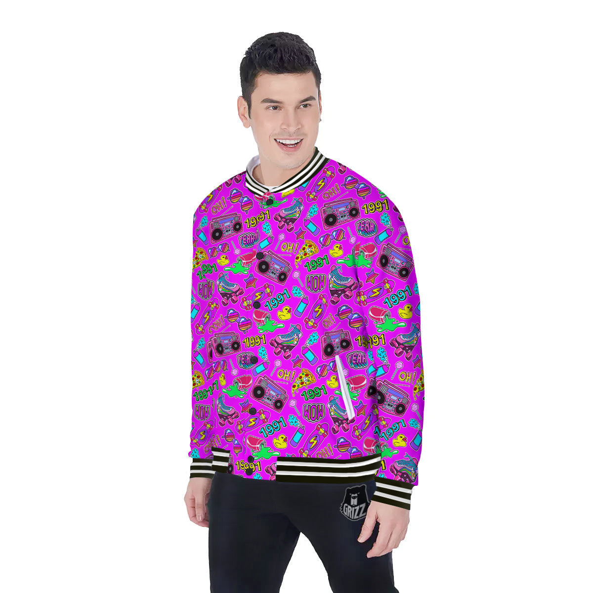 Pink Retro Stickers 90s Print Pattern Baseball Jacket-grizzshop