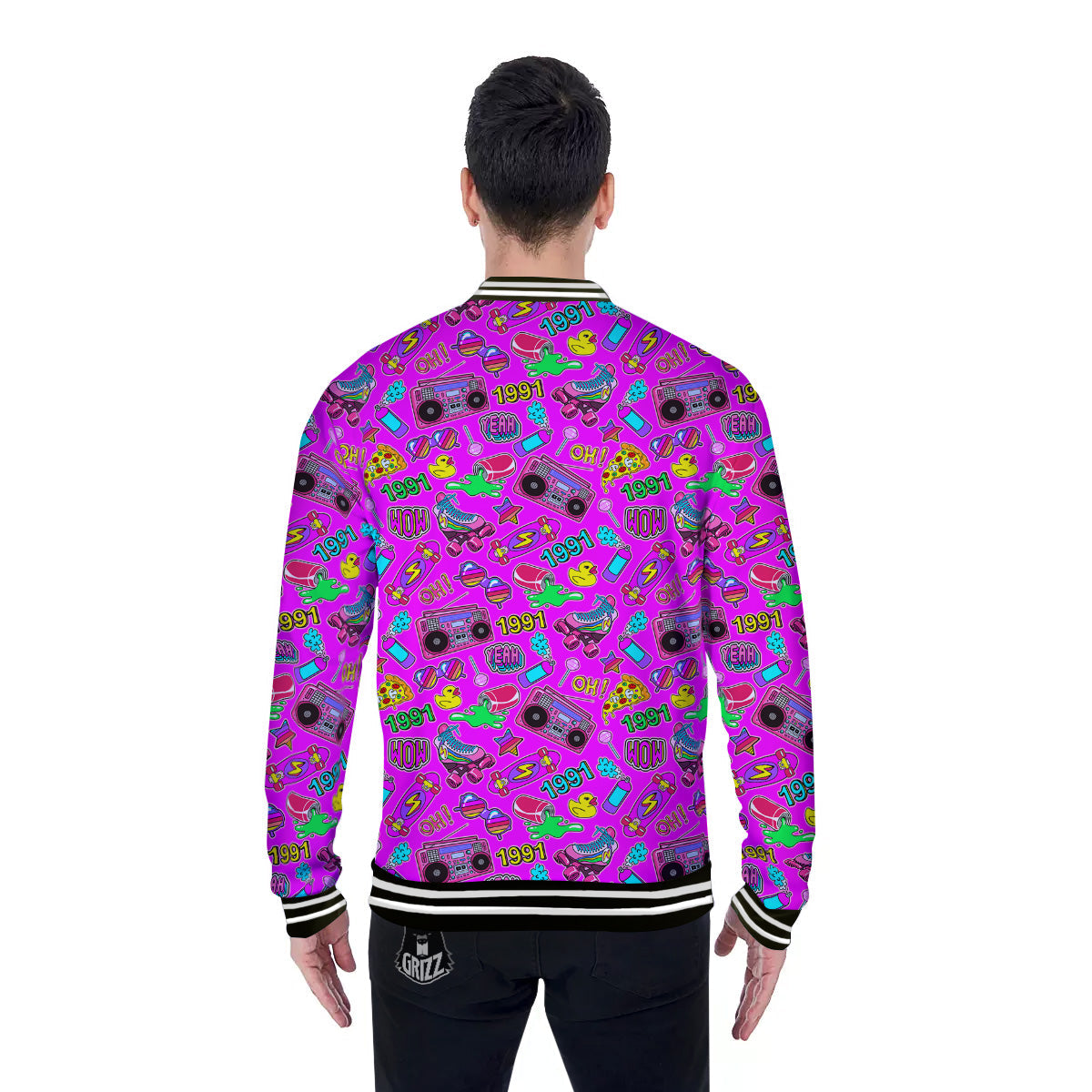 Pink Retro Stickers 90s Print Pattern Baseball Jacket-grizzshop